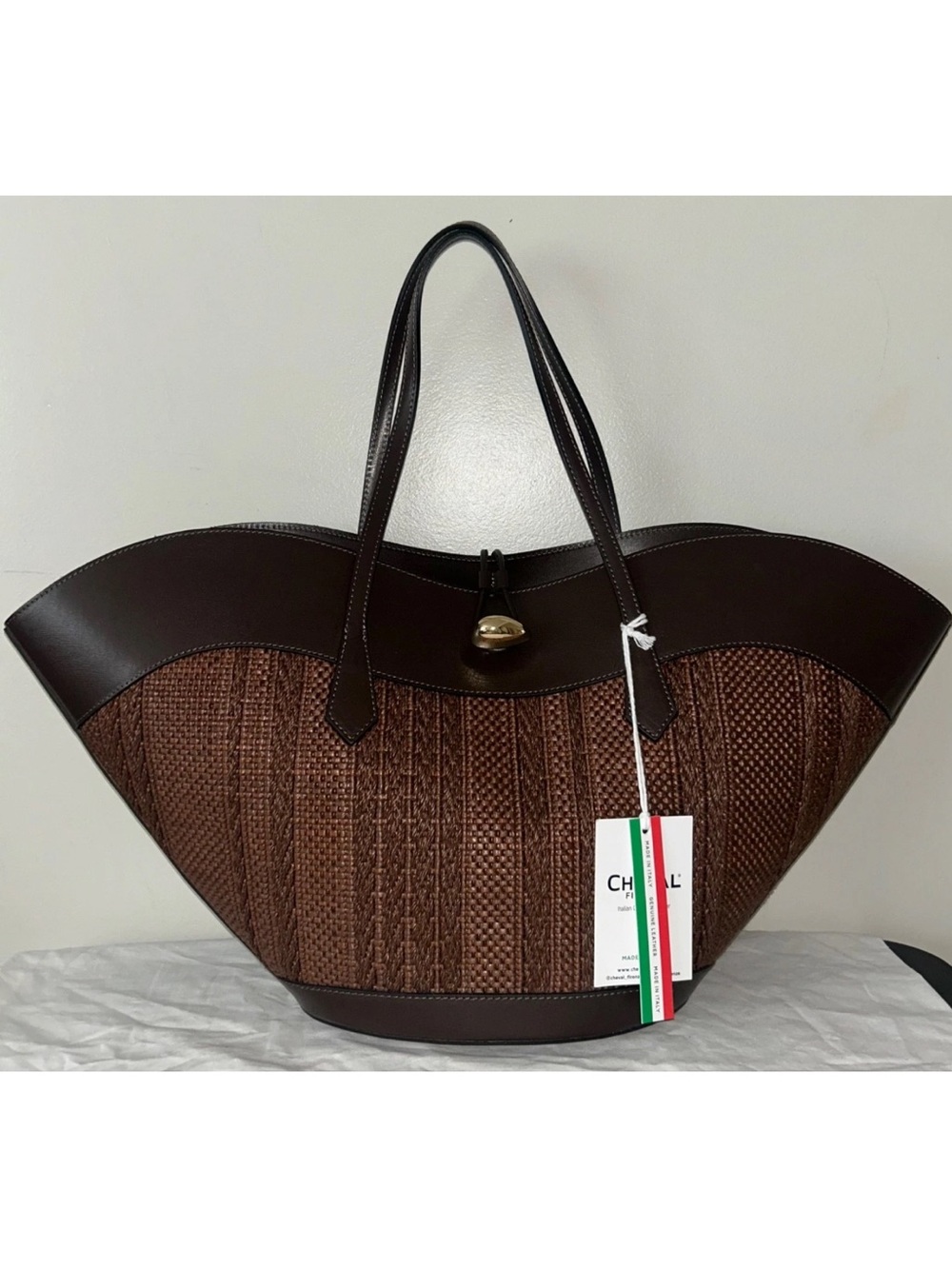 NEW! CHEVAL FIRENZE Miranda Max Large Raffia / Leather Tote Bag Dark Brown